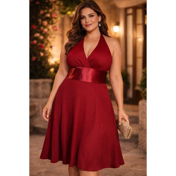 Jones New York Halter Tie Neck Dress Womens 16 Red Open Back Silk Waist Cocktail - Picture 10 of 11